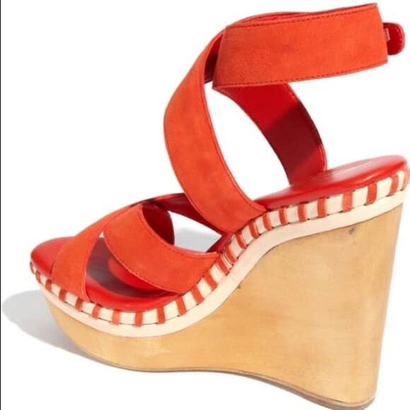 VC Signature | Lene Vince Camuto Red Leather Ankle Strap Block Wedge Sandals - Picture 12 of 12